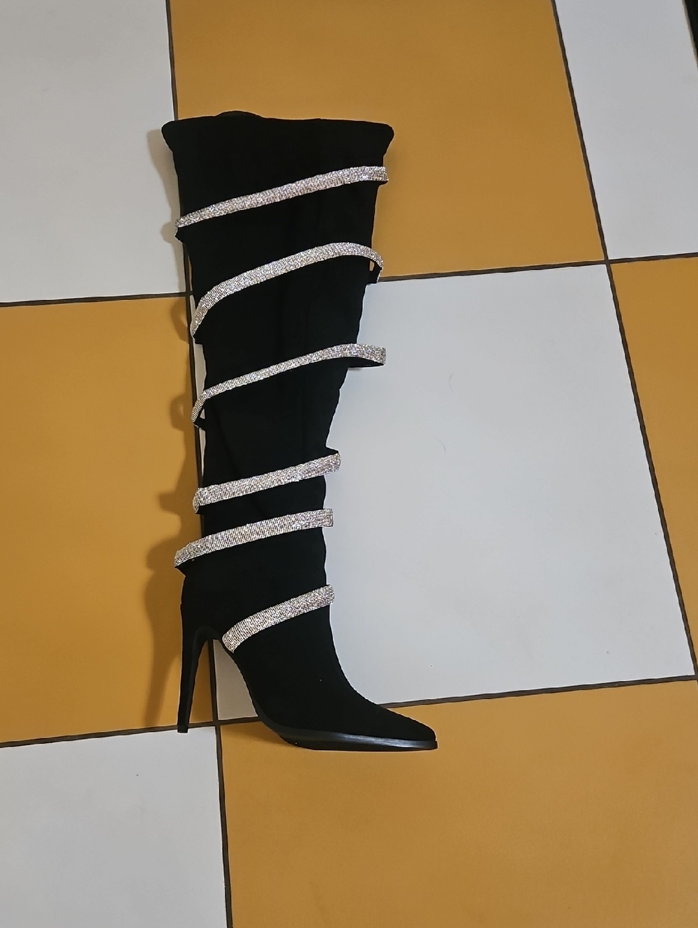 Brand NEWCape Robbin Black Over-the-Knee Stiletto Boots with Silver Crystal Wrap